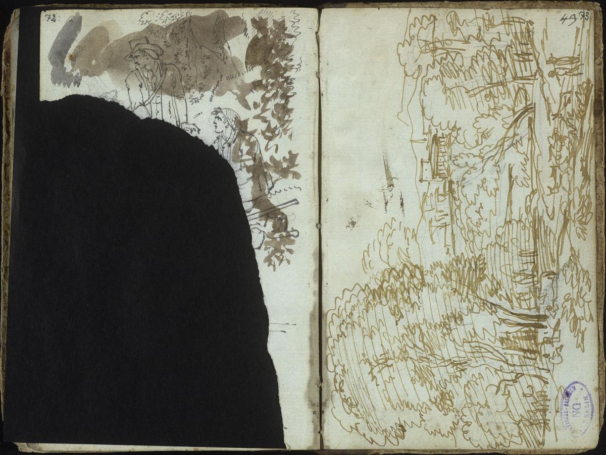 Zwei männliche Figuren / Landschaft mit Bäumen und großem Gebäude