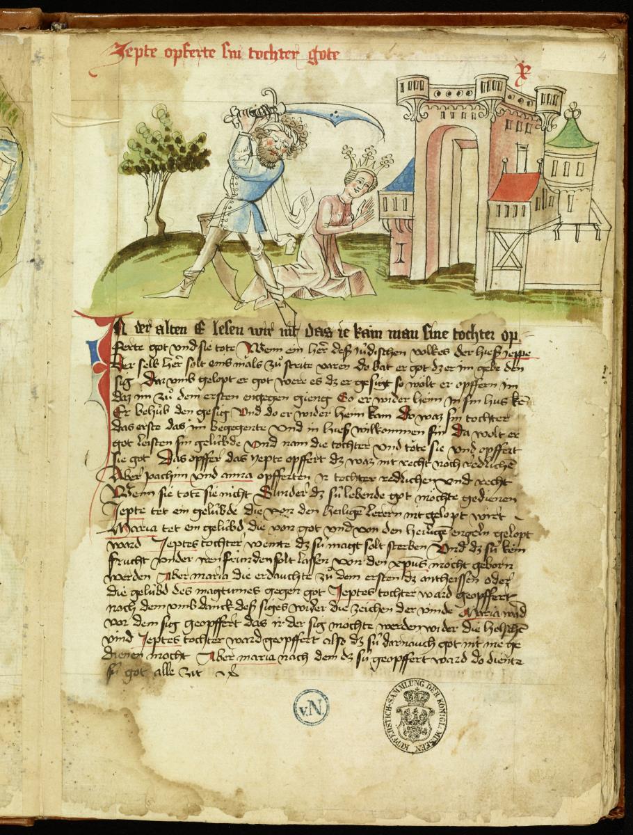 Jephtha erschlägt seine Tochter mit dem Schwert. in: Speculum humanae Salvationis