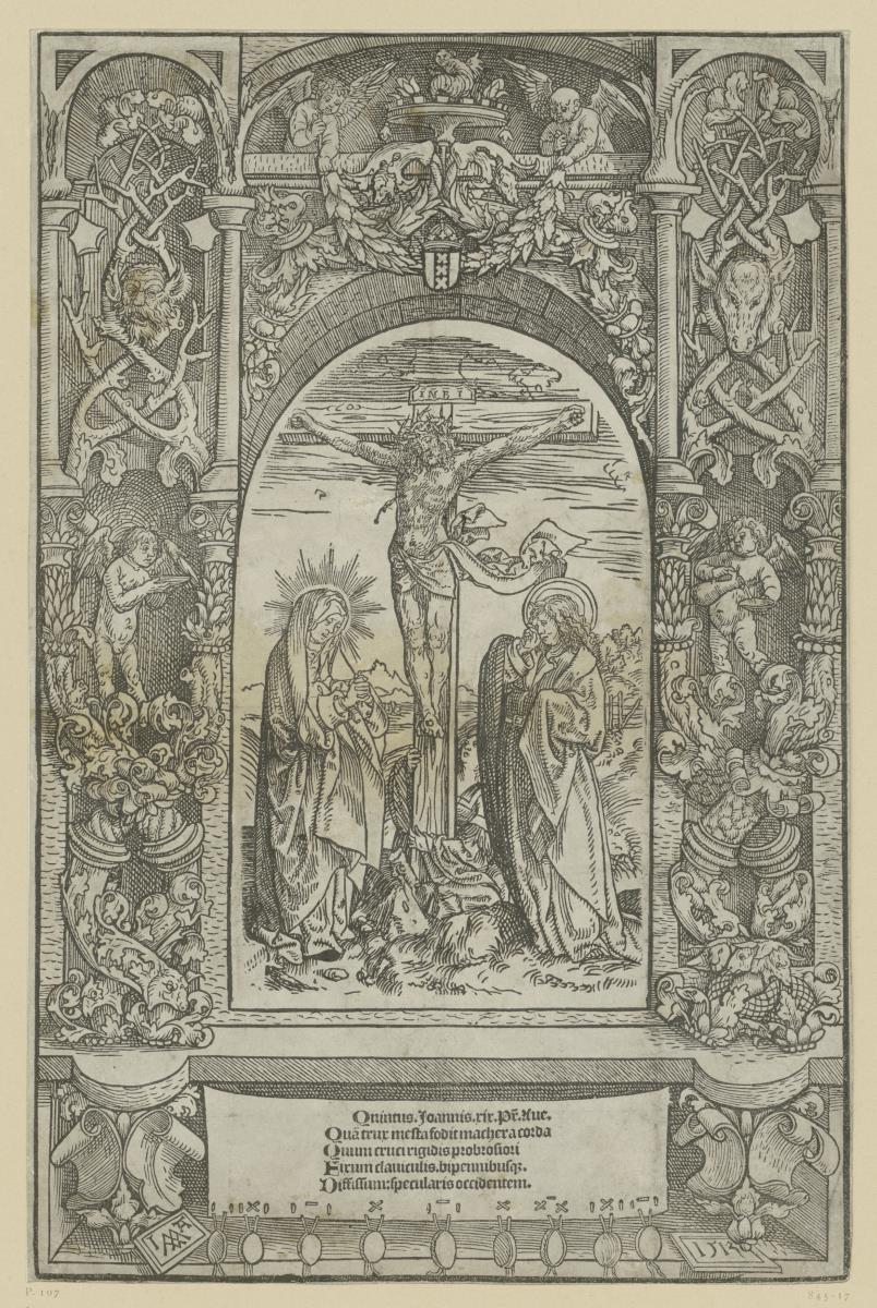 Christus am Kreuz mit Maria und Magdalena, in ornamentalem Rahmen