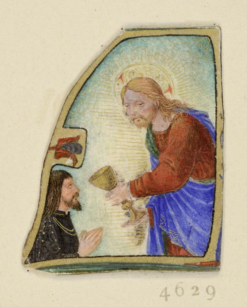 Christus reicht einem in Devotion vor ihm knienden (Alfonso I.?) den Kelch