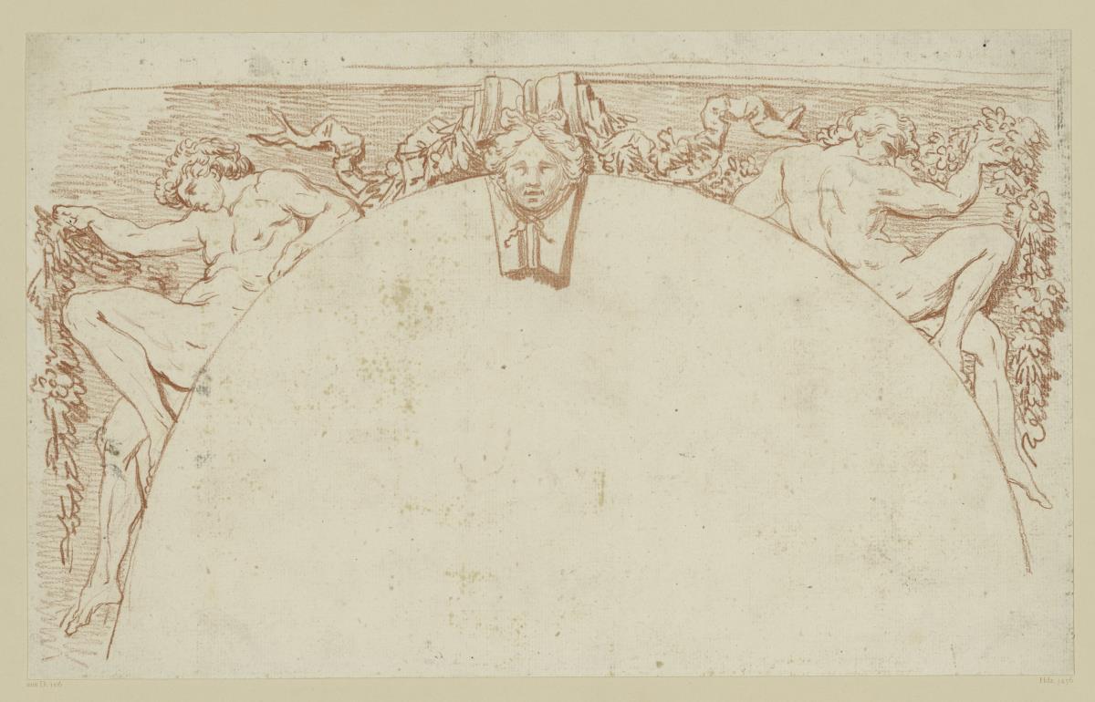 Bogendekoration mit zwei männlichen Figuren und Schlussstein mit Maske