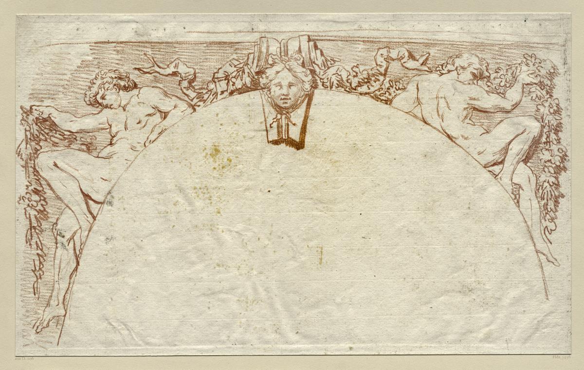 Bogendekoration mit zwei männlichen Figuren und Schlussstein mit Maske