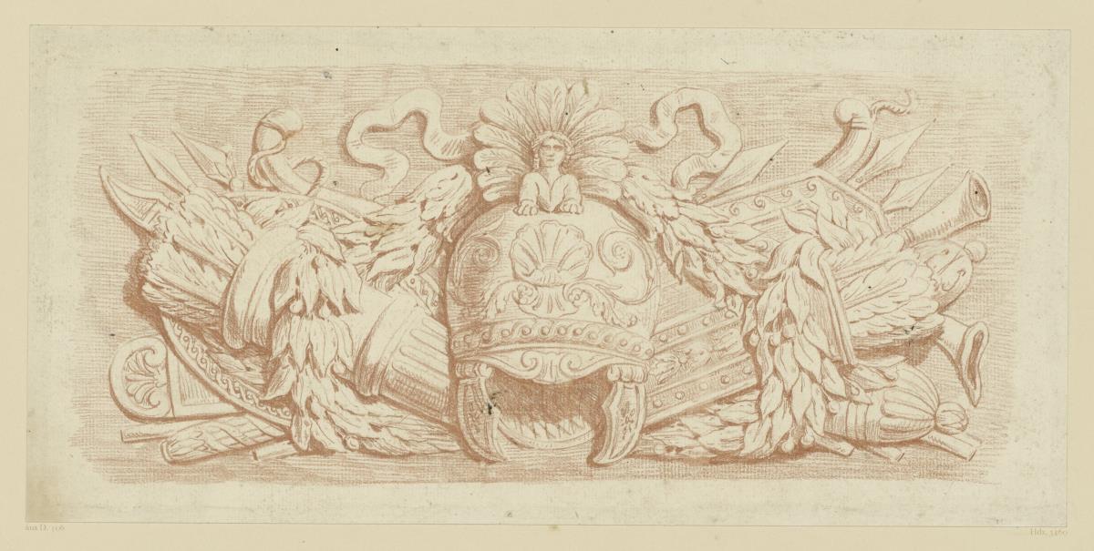 Bekrönungsstück aus Trophäen mit Girlande und Helm