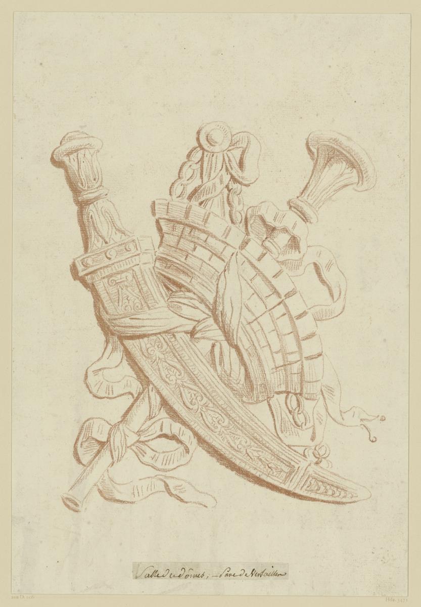 Trophäengruppe mit Mauerkrone, Schwert und Tuba