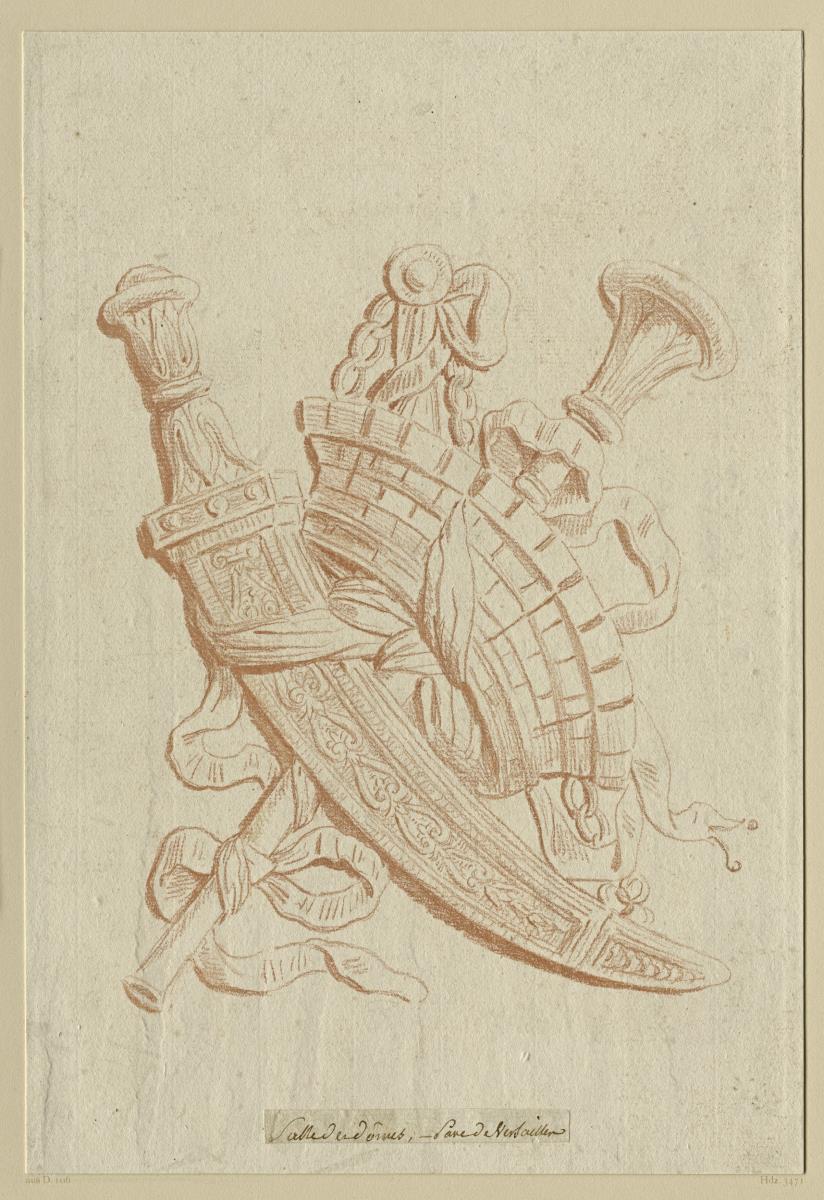 Trophäengruppe mit Mauerkrone, Schwert und Tuba