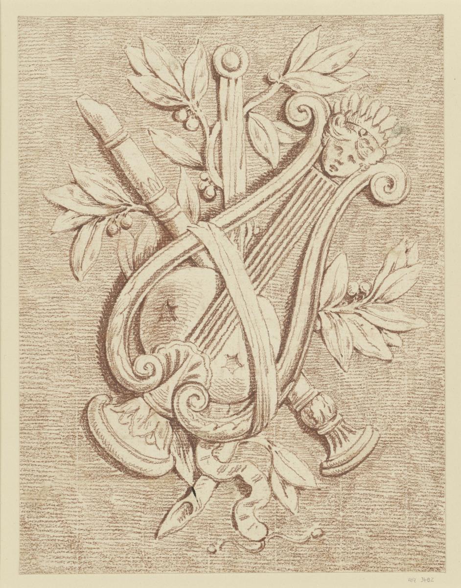 Füllung aus Lyra, Flöte und Lorbeerzweig