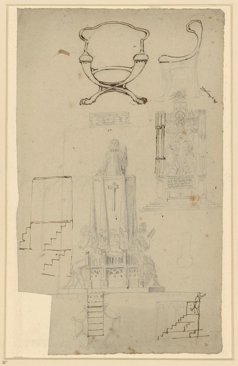Blatt mit Entwürfen: Sessel von vorn und von der Seite, Altar und Kanzel