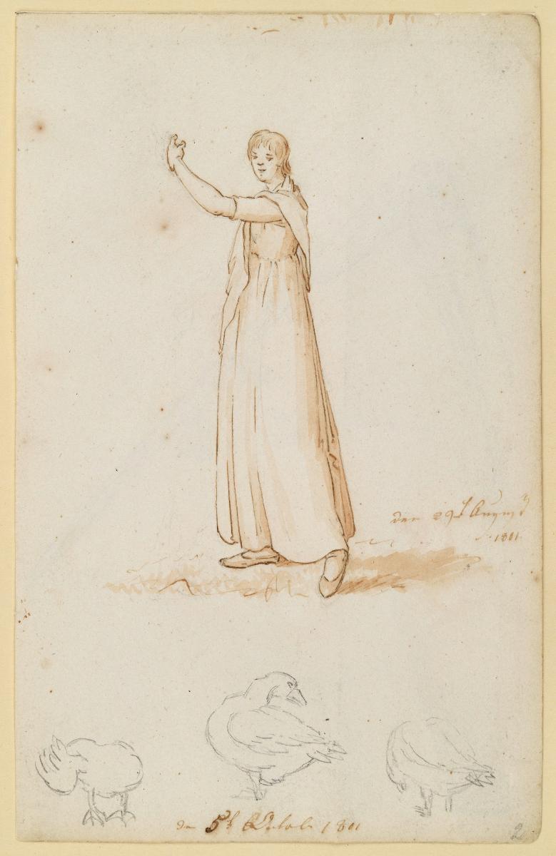 Seite aus einem Skizzenbuch. Oben Stehende weibliche Figur, unten drei Gänse