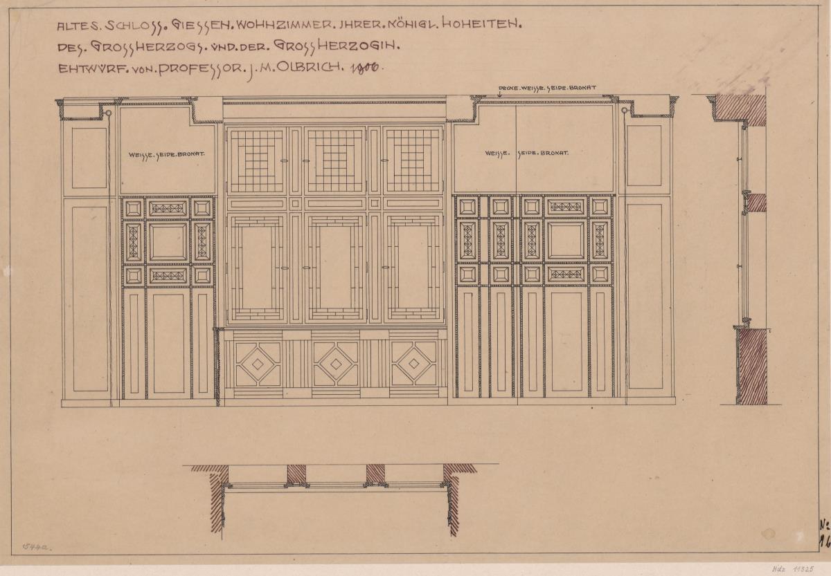 Giessen, Grossherzogliche Wohnung im Alten Schloss     Wohnzimmer, Aufriss der drei Wände der Fensternische und Grundriss der Fensterwand
