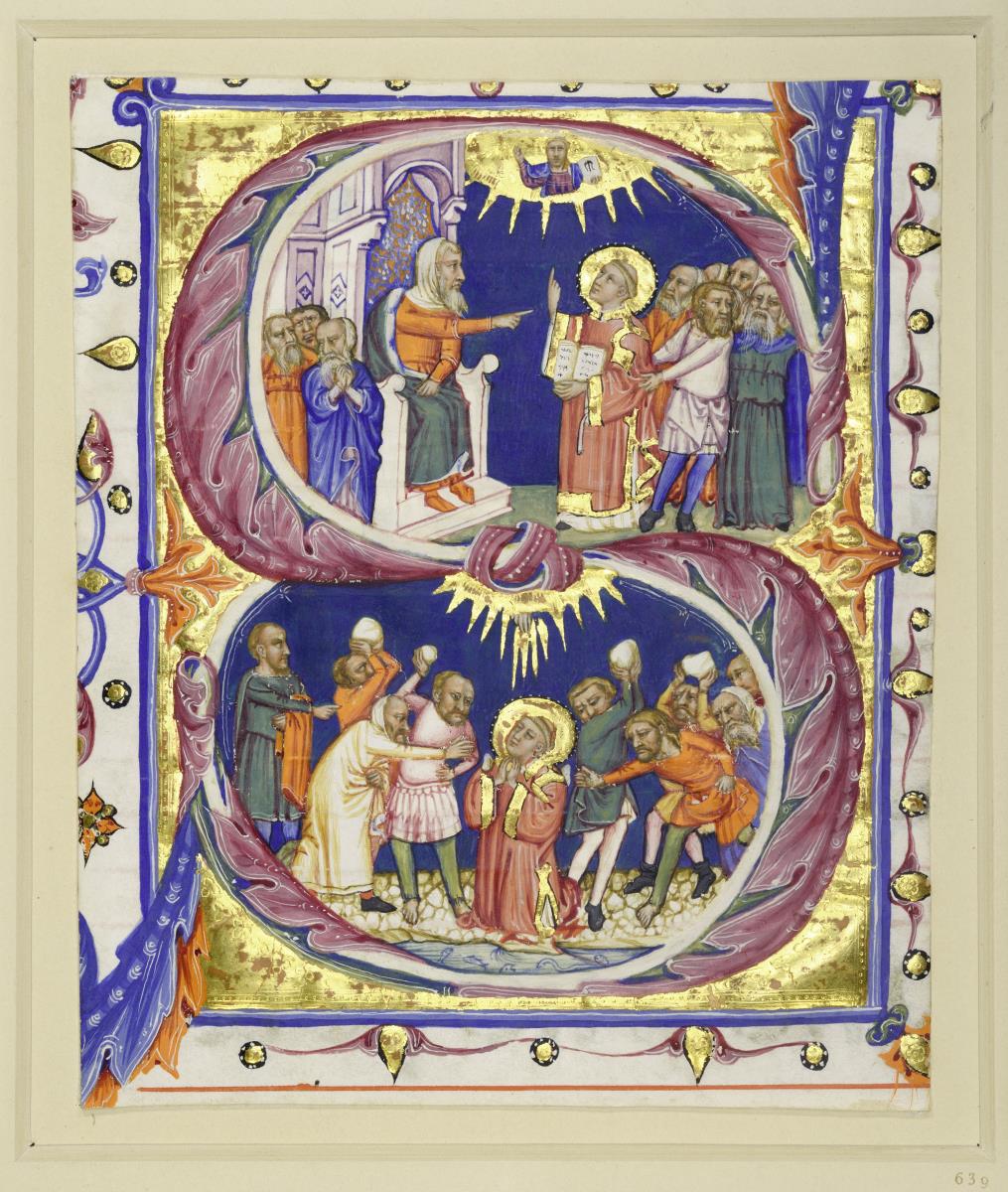 Initiale S, darin Stephanus vor dem Richter