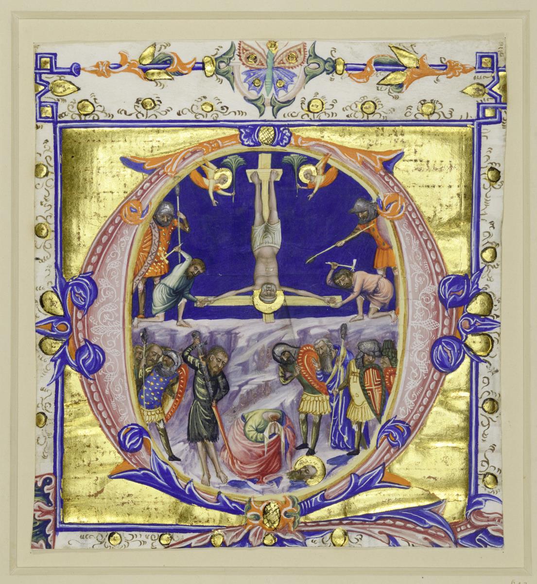 Initiale O, darin der Märtyrertod der Apostel Petrus und Paulus