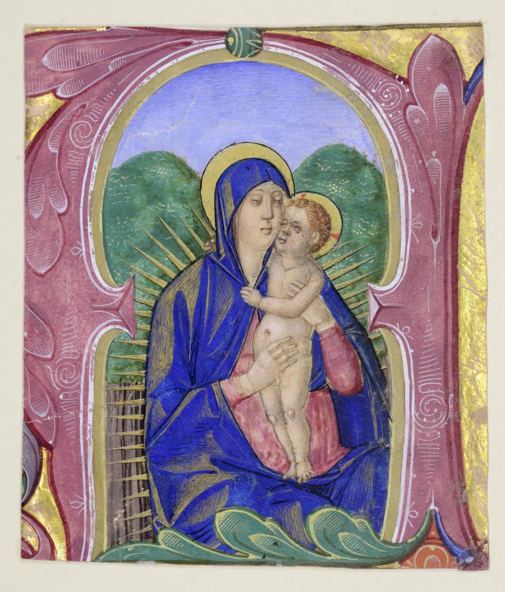 Initiale E?, darin die sitzende Madonna