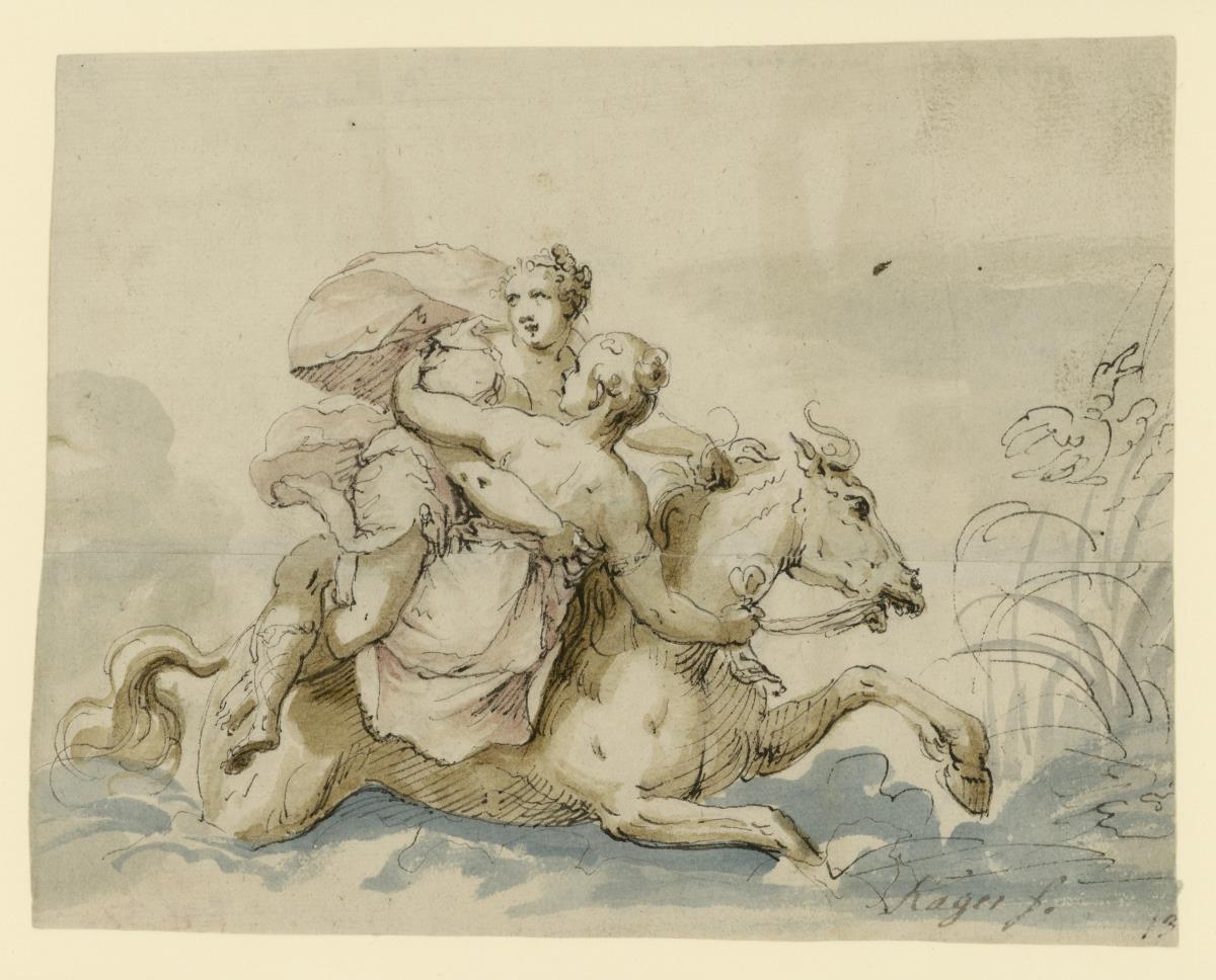 Zwei Frauen auf einem Pferde nach rechts durchs Wasser sprengend (mythologische Darstellung?)