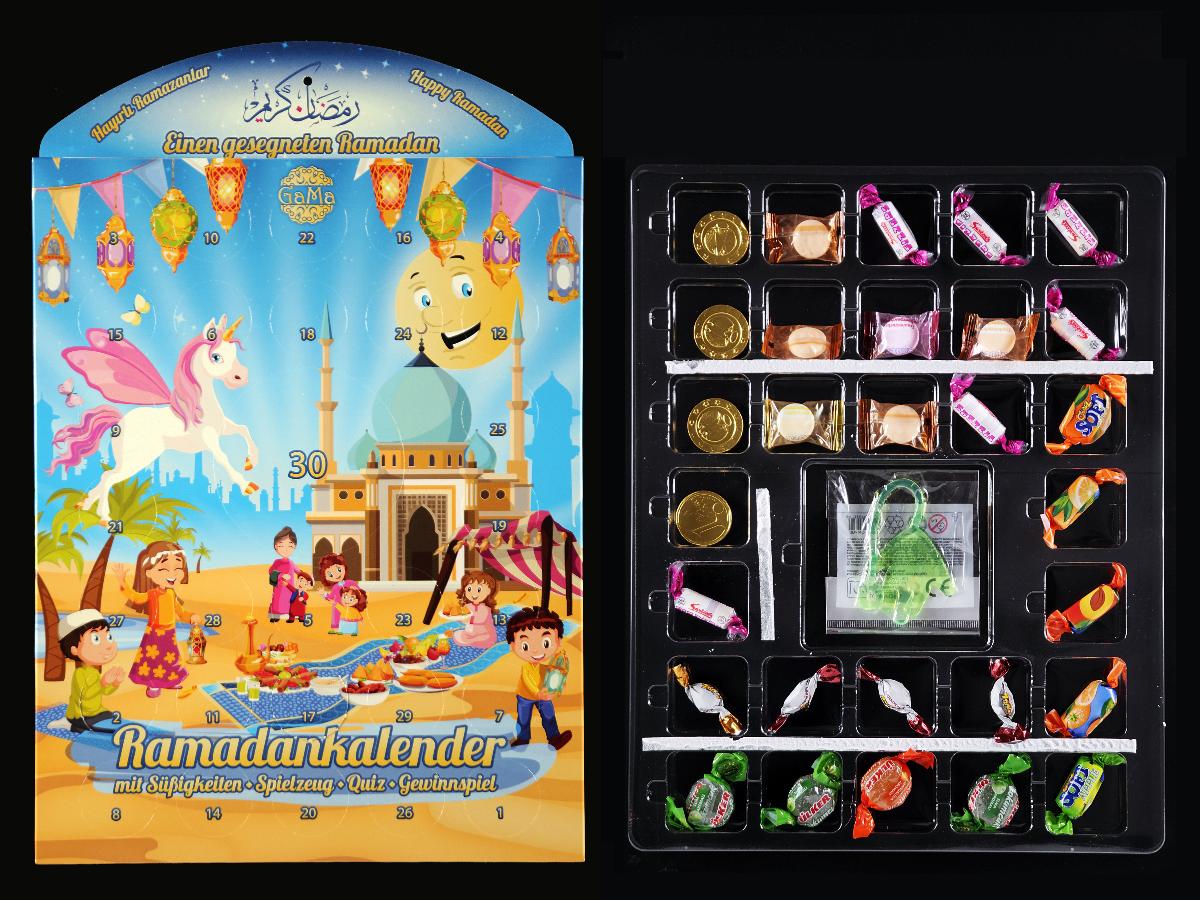 Ramadankalender mit Süßigkeiten Spielzeug Quiz Gewinnspiel.