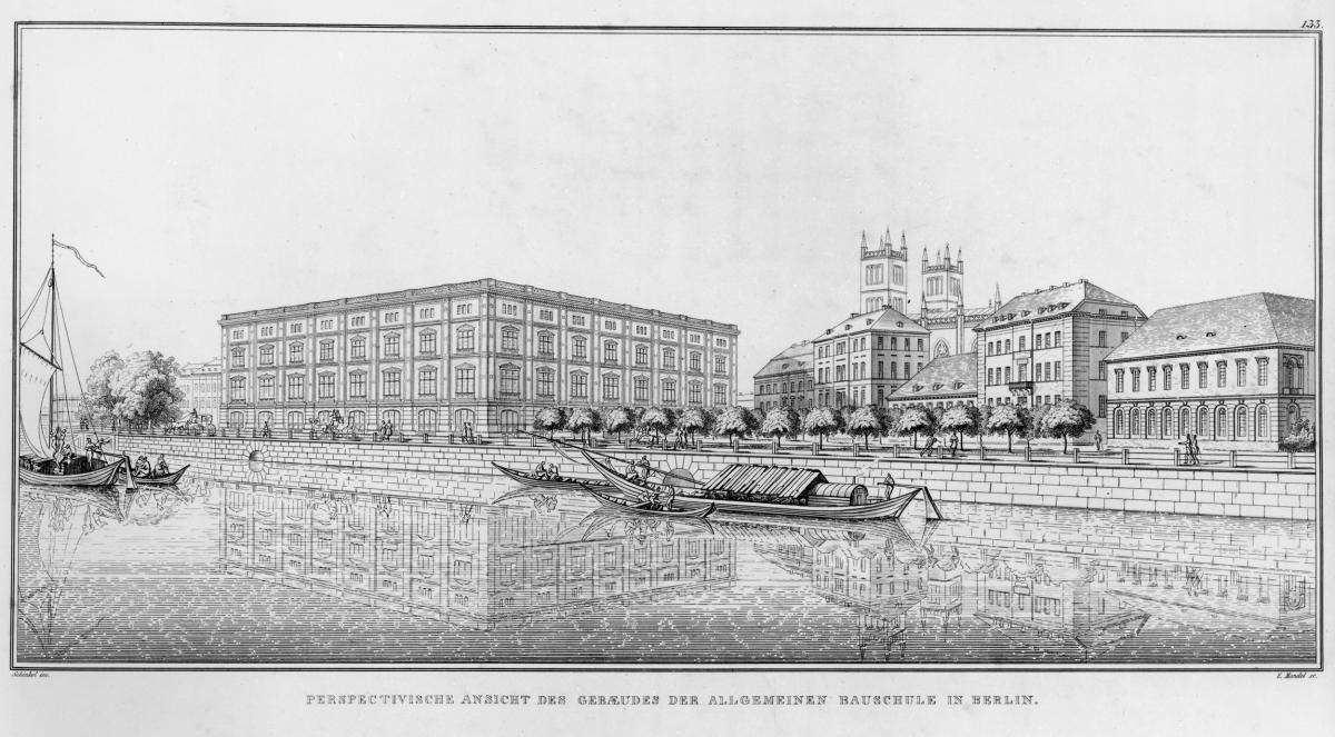 Sammlung architektonischer Entwürfe. Tafel 115 ( = Heft 20, Tafel 121, 1833): Berlin. Bauakademie. Gesamtansicht von der Schlossbrücke