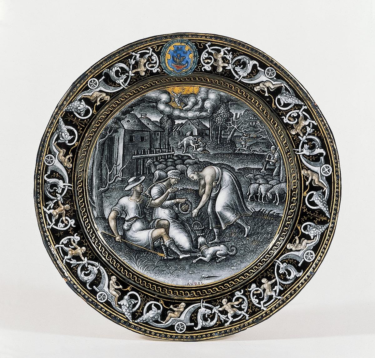 Teller mit Monatsdarstellung des April und dem Wappen der Chaspoux de Verneuil