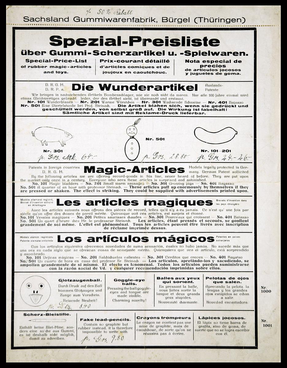 Spezial-Preisliste über Gummi- Scherzartikel u. -Spielwaren, Sachsland Gummiwarenfabrik, Bürgel (Thür.)
