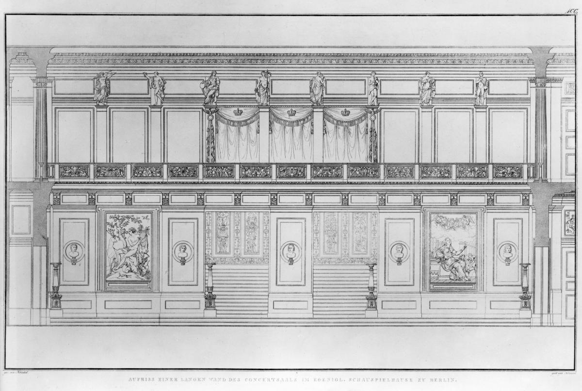 Sammlung architektonischer Entwürfe. Tafel 17 ( = Heft 2 zweite Folge, Tafel 17, 1826): Berlin. Schauspielhaus auf dem Gendarmenmarkt, Konzertsaal. Längsschnitt