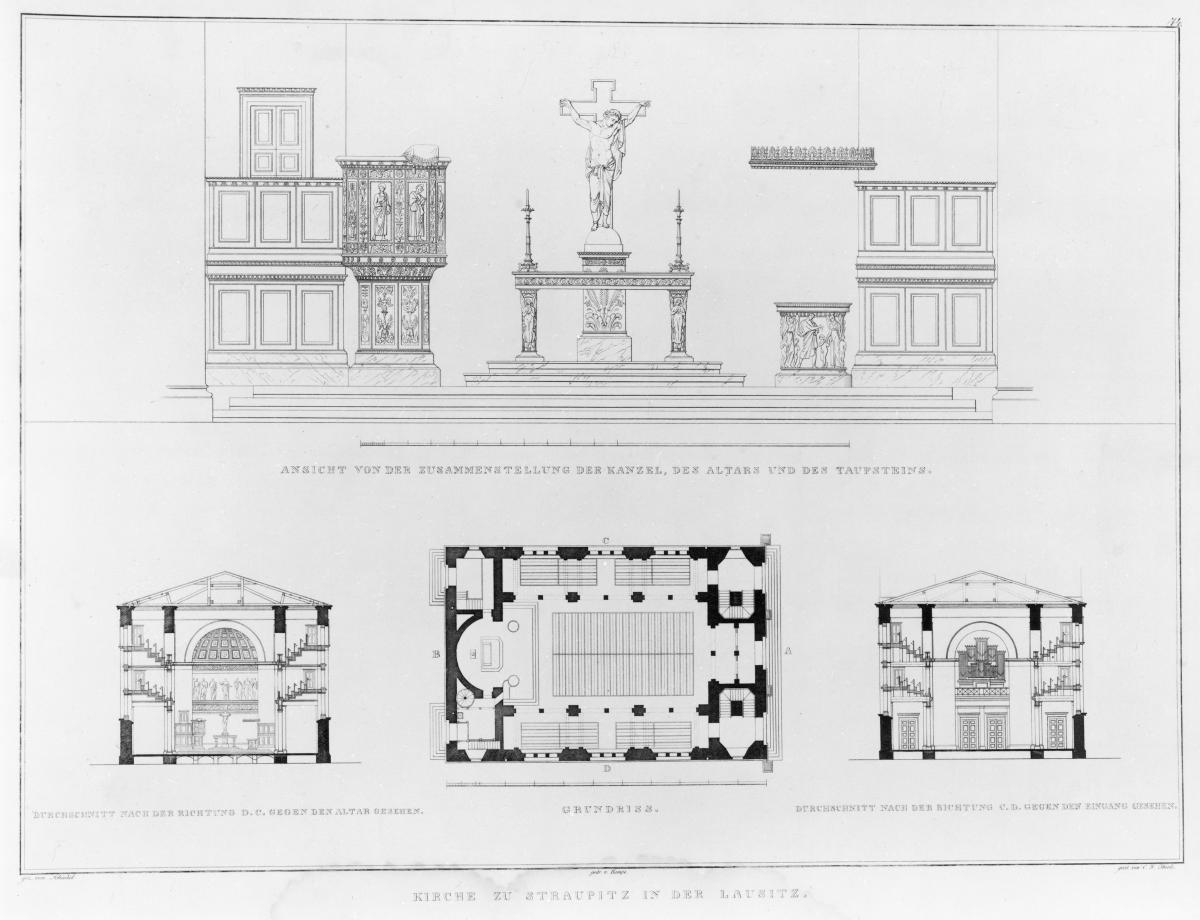 Sammlung architektonischer Entwürfe. Tafel 91 ( = Heft 14, Tafel 85, 1829): Straupitz. Entwurf zur einer Kirche. Kanzel, Altar und Taufstein, Querschnitte und Grundriss