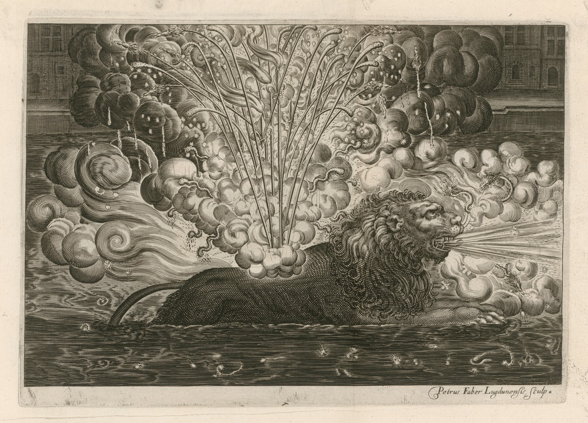 Feuerwerkslöwe zum Empfang von Ludwig XIII. und Anna von Österreich in Lyon 1622