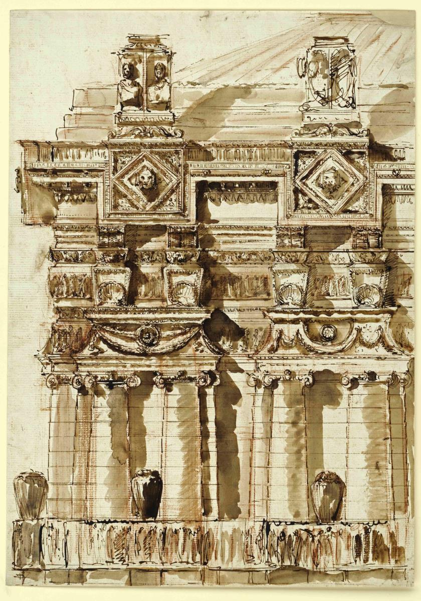 Gebälk und Dach eines Fantasie-Gebäudes (Vorstudie für die Radierung, Taf. 6 aus "Parere su l'Architettura")
