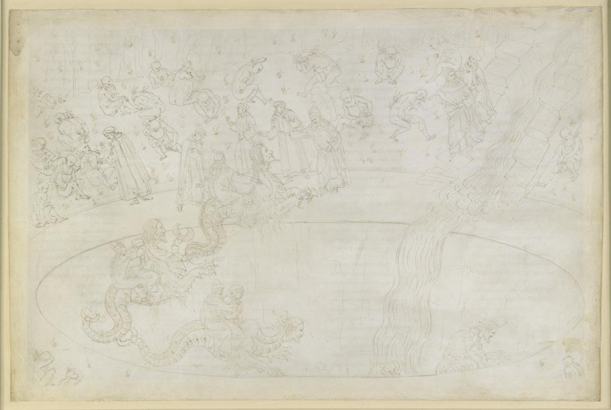 La Divina Commedia, Inferno XVII. Vergil und Dante im siebten Kreis der Hölle, 3. Streifen: Gewalttäter gegen die göttliche Ordnung in der Flammenwüste, Bestrafung der Wucherer; Abschwung in die Tiefe auf dem rücken Geryons