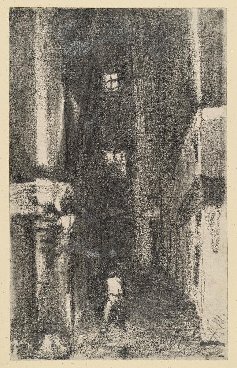 Nächtliche Gasse mit männlicher Figur im Laternenlicht