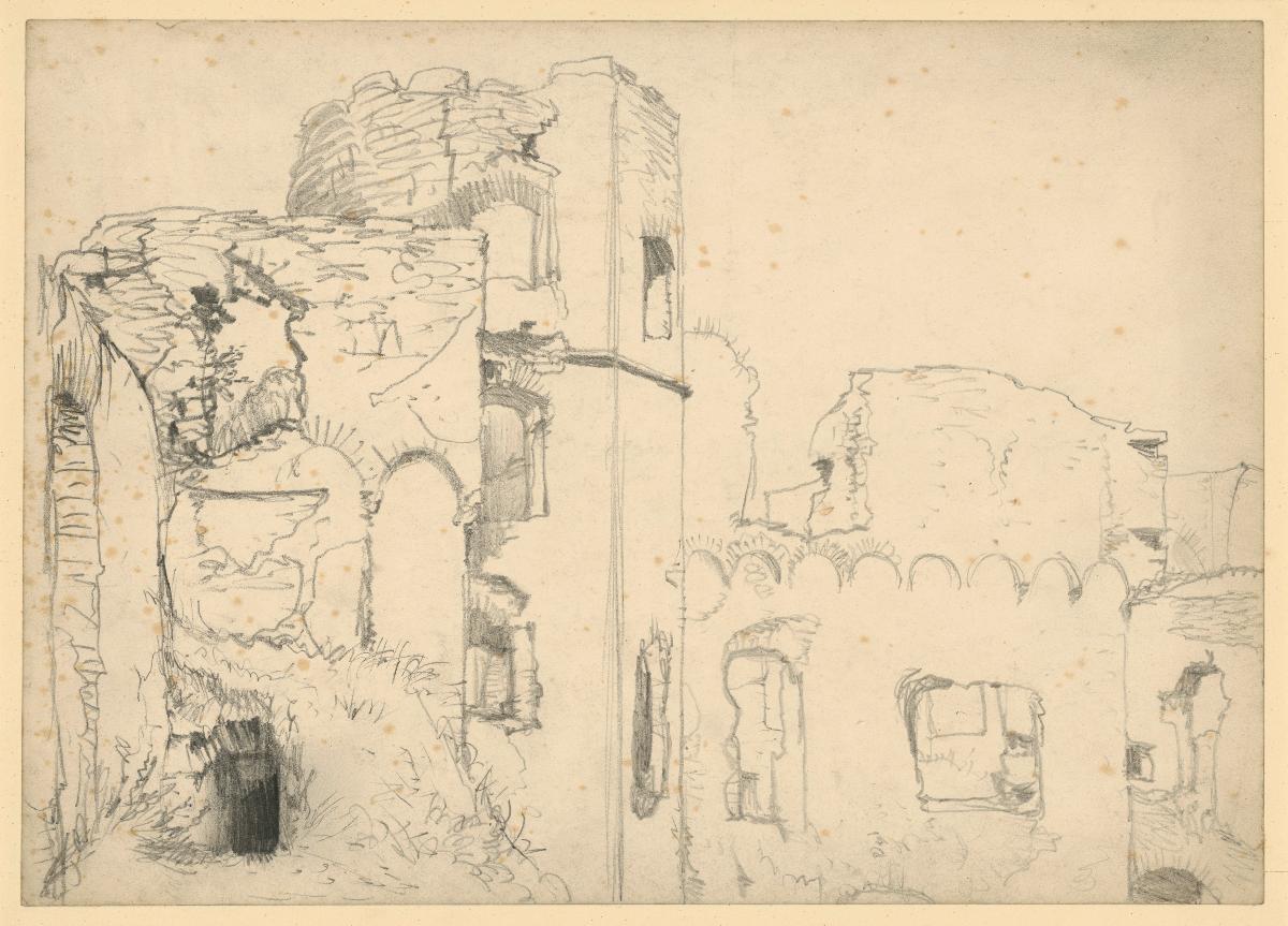 Treppenturm und Mauern einer Burgruine