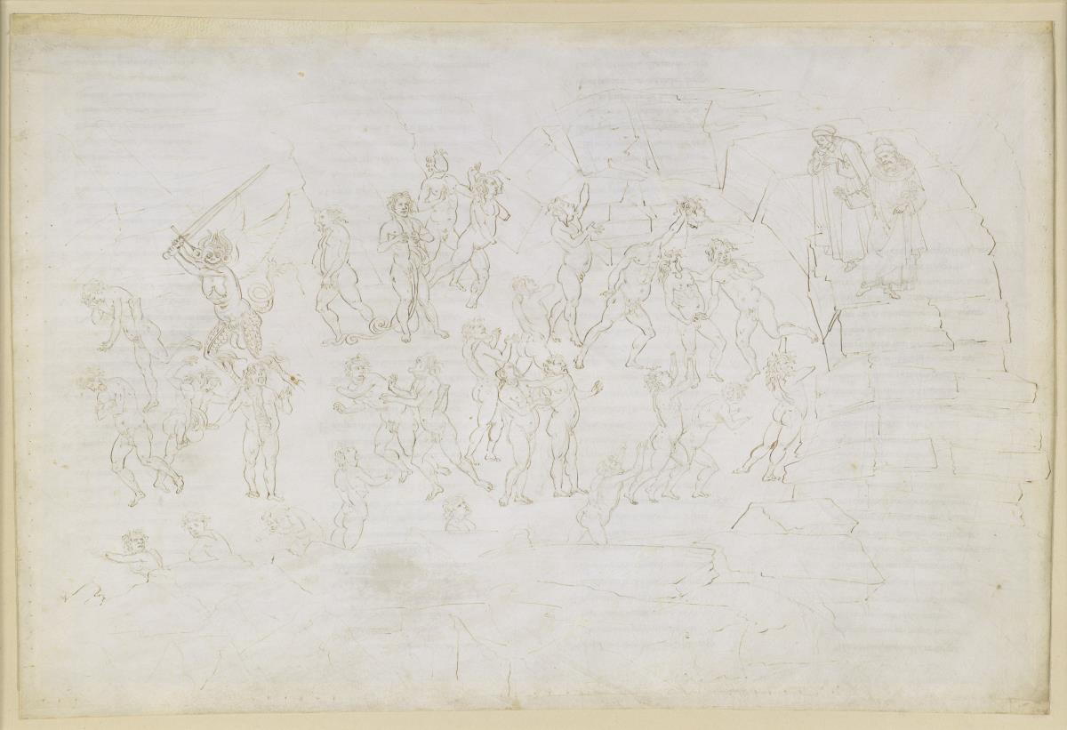 La Divina Commedia, Inferno XXVIII. Vergil und Dante im achten Kreis der Hölle (Malebolge), 9. Bolgia: Bestrafung der Häretiker und Zwietrachtstifter; Begegnung mit Mohammed und Bertran de Born