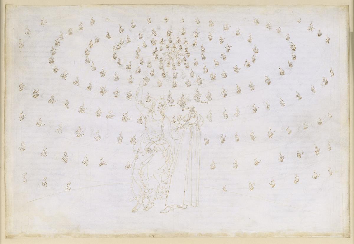 La Divina Commedia, Paradiso XXV. Achte Spähre (Fixsternhimmel): Jakobus prüft Dante in der zweiten theologischen Tugend, der Hoffnung; Erscheinung Johannes des Evangelisten und seine Rede über die Verfassung der Wesen im Paradies; Blendung Dantes