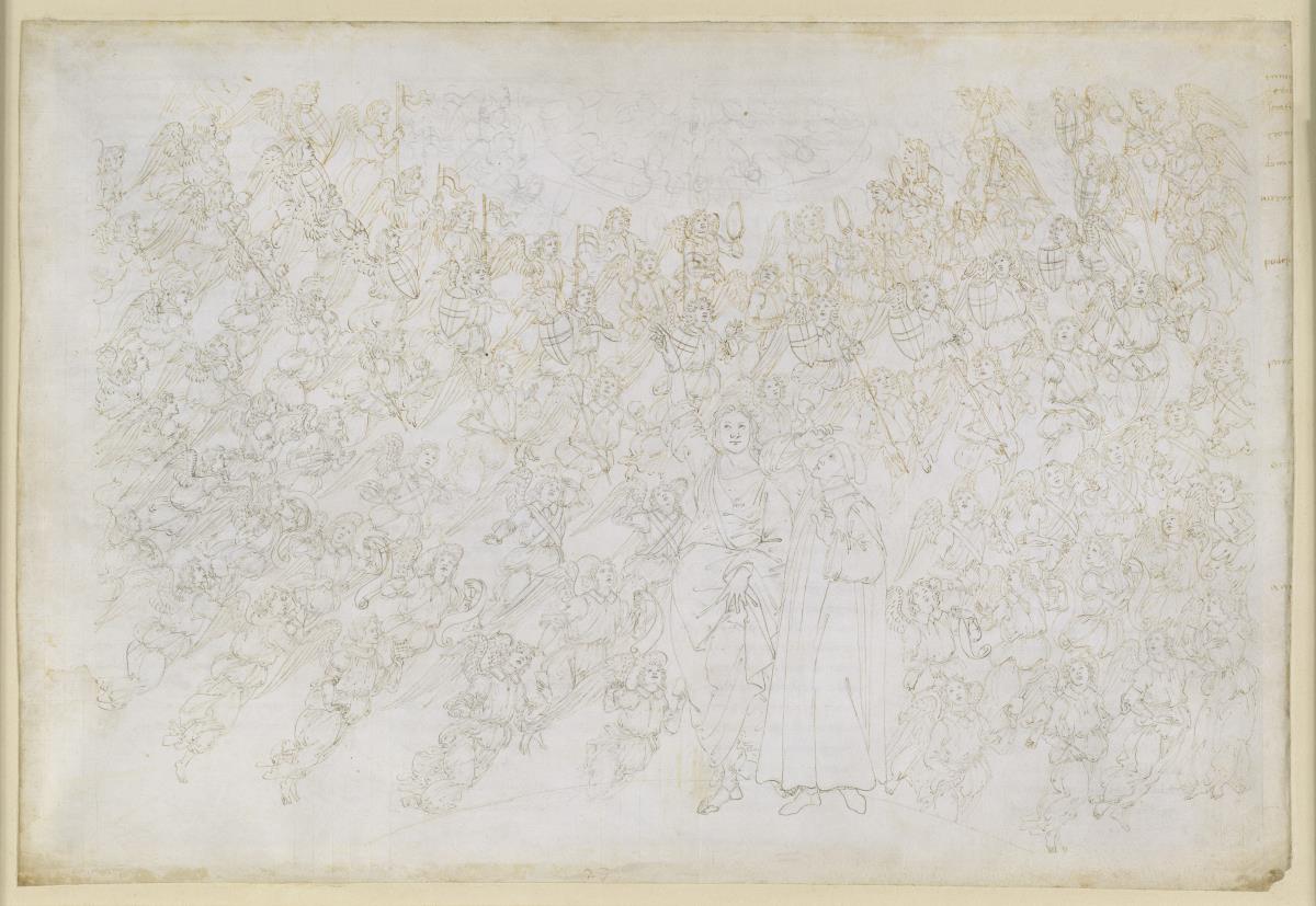 La Divina Commedia, Paradiso XXVIII. Neunte Sphäre (Kristallhimmel oder Primum Mobile): Dante sieht Gott als grell leuchtenden Punkt, von Engelchören umkreist; Beatrice erläutert Hierarchie und Wirkkräfte der Sphäre
