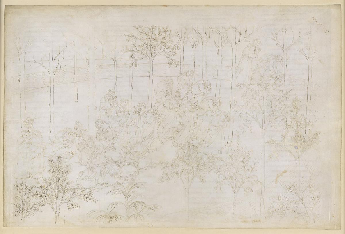 La Divina Commedia, Purgatorio XXXIII. Das Irdische Paradies: Beatrice im Kreis der Tugenden; Aufbruch; Dantes Bad im Fluß Eunoe