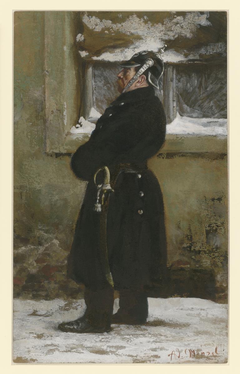 Ein Schutzmann im Winter (Profilansicht in ganzer Gestalt von links)