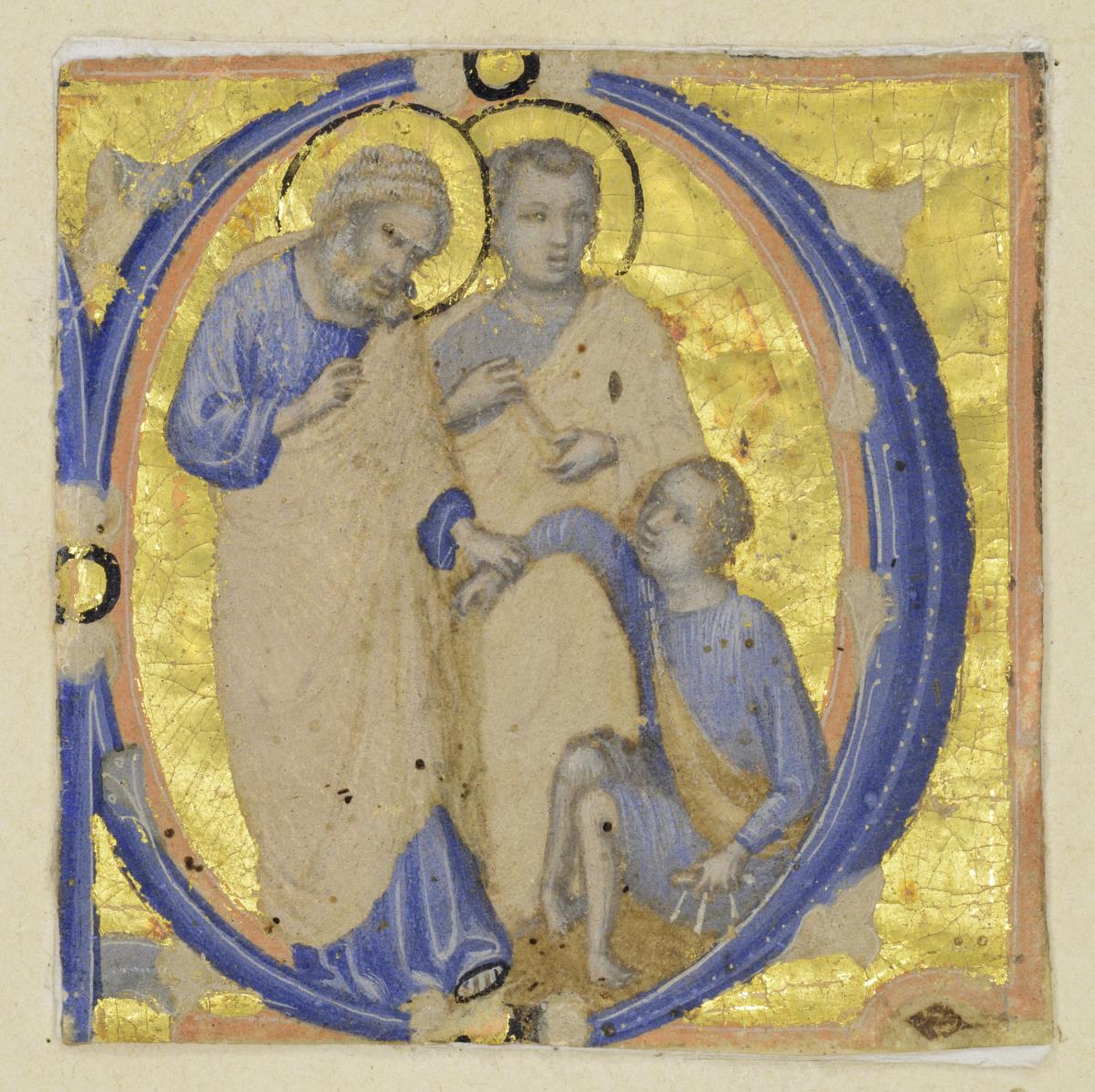 Initiale P(?), darin, in Begleitung von Johannes, Petrus, der einen am Boden hockenden Krüppel zu sich emporzieht und heilt.