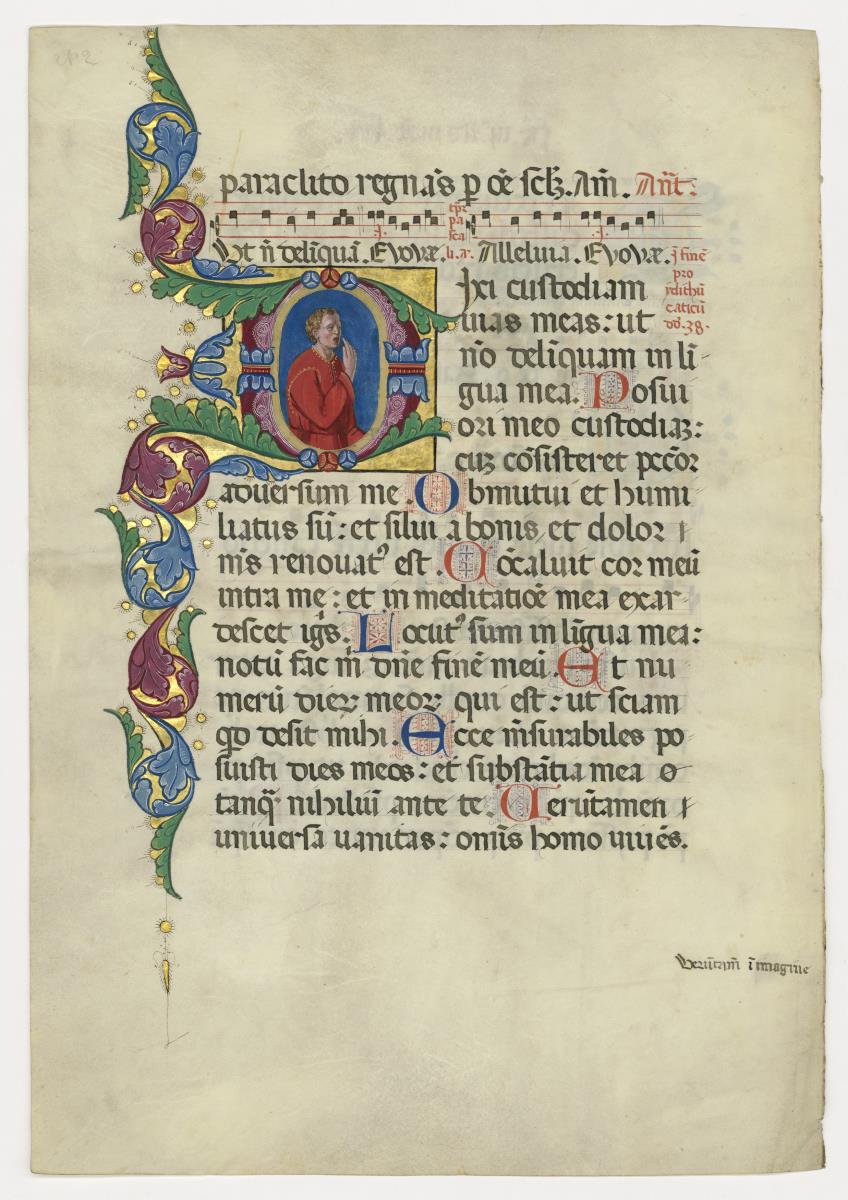 Initiale D[ixi custodiam vias meas] mit männlicher Halbfigur, die die Hand vor den Mund hält