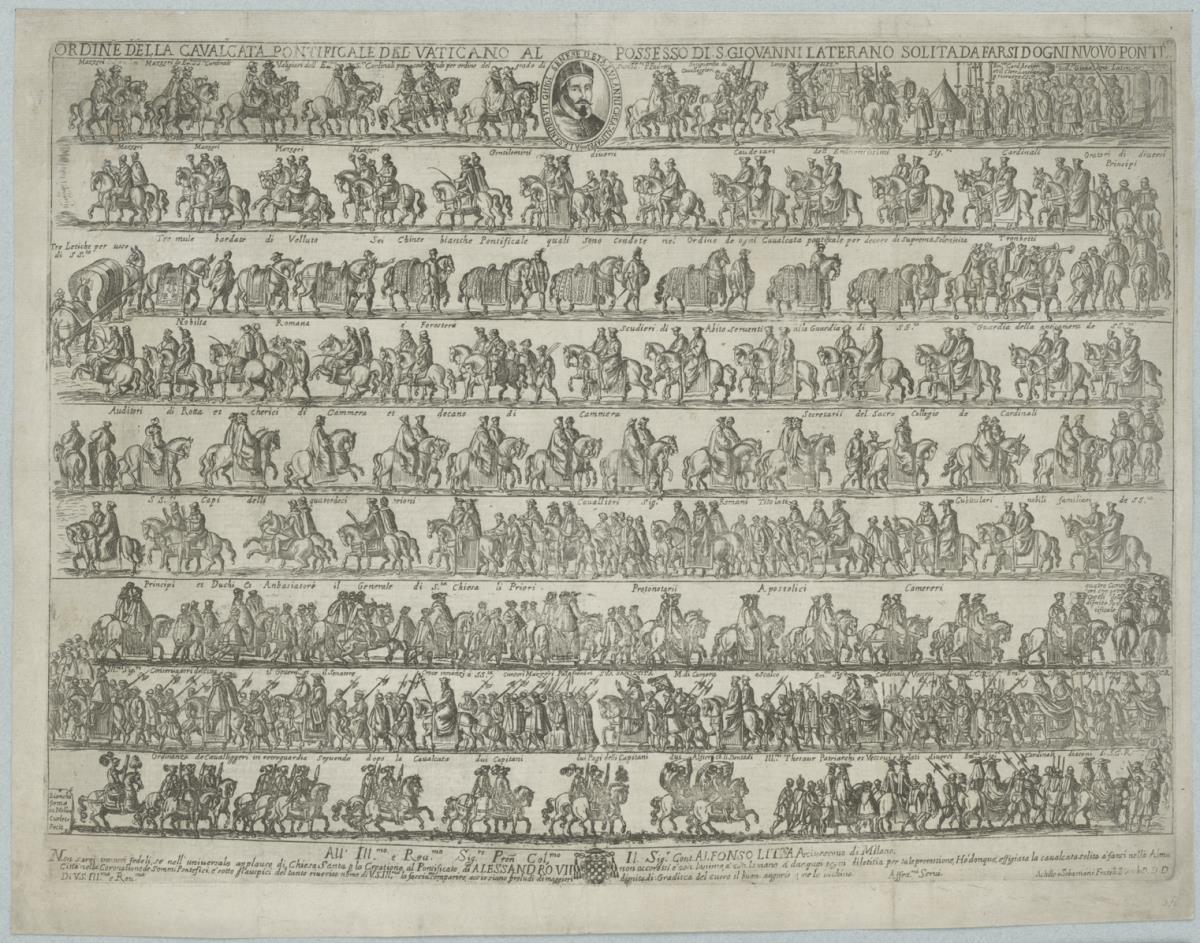Ordnung des päpstlichen Zuges bei der Einsetzung Alexanders VII. vom Vatikan zur Lateranskirche, mit Porträt des Papstes