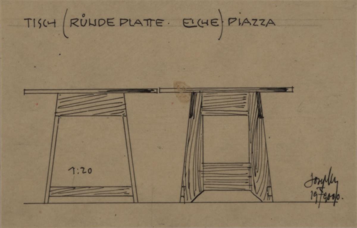 Darmstadt, Wohnhaus Olbrich, Erdgeschoss, Vorplatz, Aufriss und Seitenansicht des Tisches