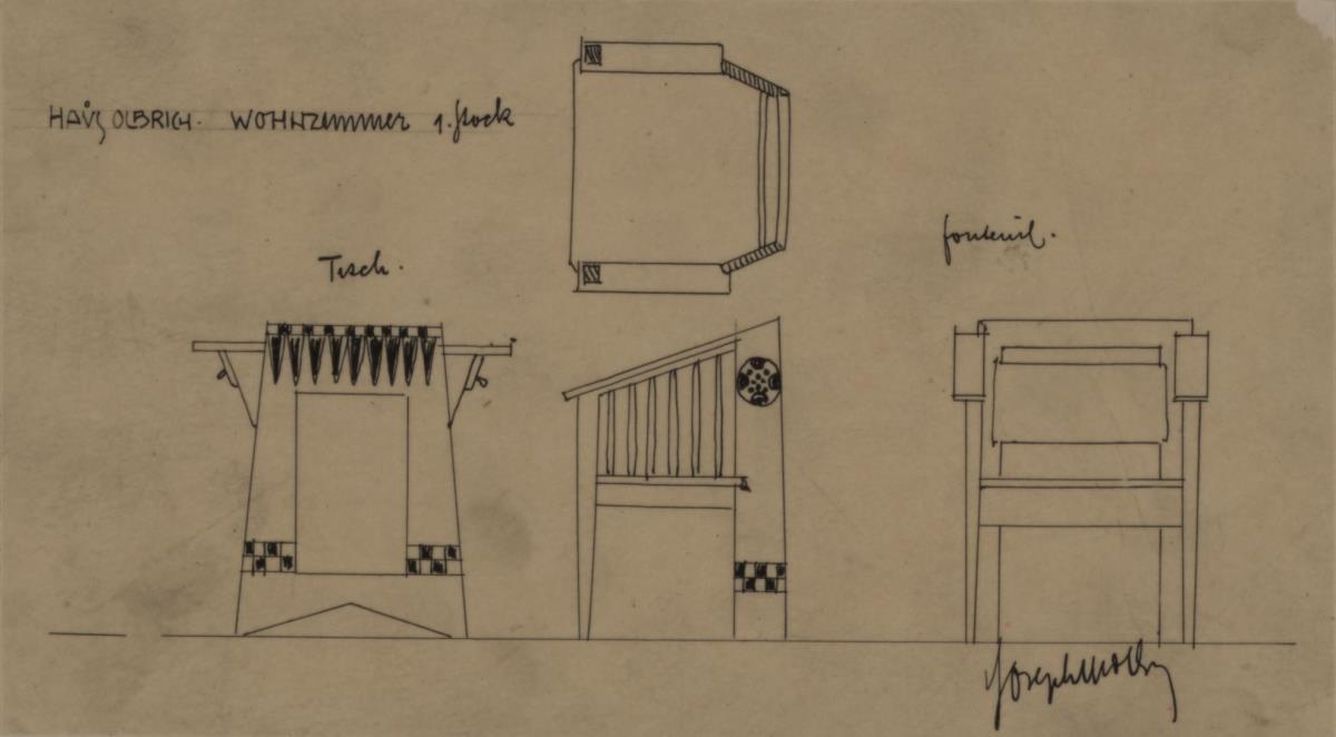Darmstadt, Wohnhaus Olbrich, erstes Obergeschoss, Wohnzimmer, Seitenansicht eines Tisches sowie Grundriss, Aufriss und Seitenansicht eines Sessels