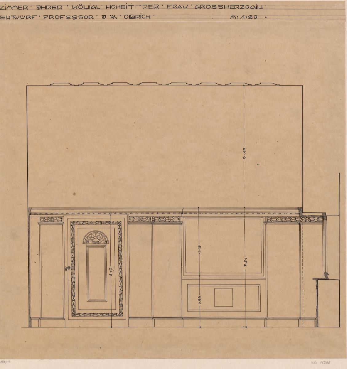 Giessen, Grossherzogliche Wohnung im Alten Schloss            Zimmer der Grossherzogin, Wandaufriss