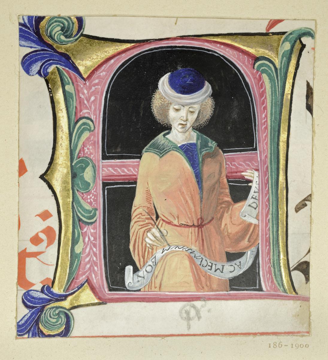 Initiale A mit Halbfigur eines auf eine Schriftrolle schreibenden Mannes
