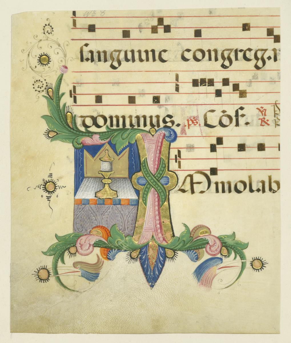 Initiale I mit einer Monstranz mit dem Leib Christi auf einem Altar (?)