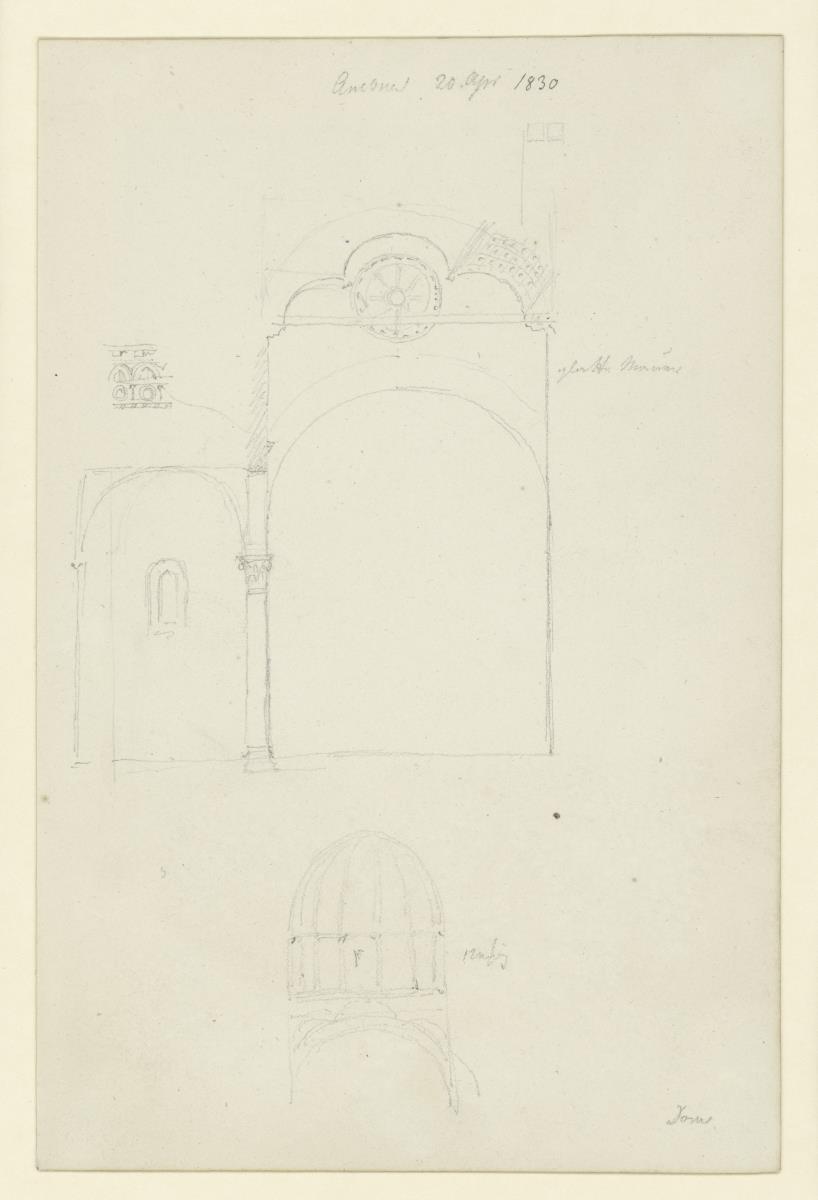 Ancona,Querschnitt durch das Mittel-und Seitenschiff des Domes S.Ciriaco, Ansicht der Kuppel