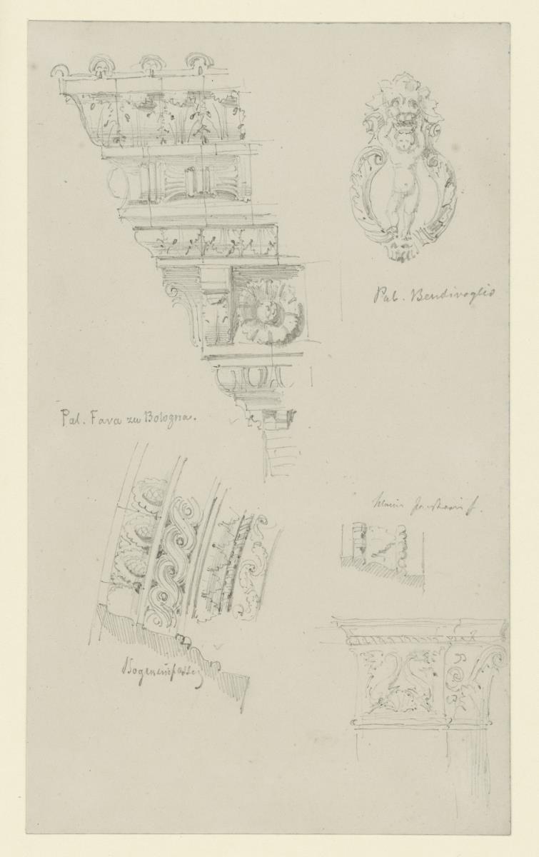 Bologna,Palazzo Fava, Gebälk, Bogeneinfassung; Palazzo Bevilacqua, Kapitell, Türklopfer
