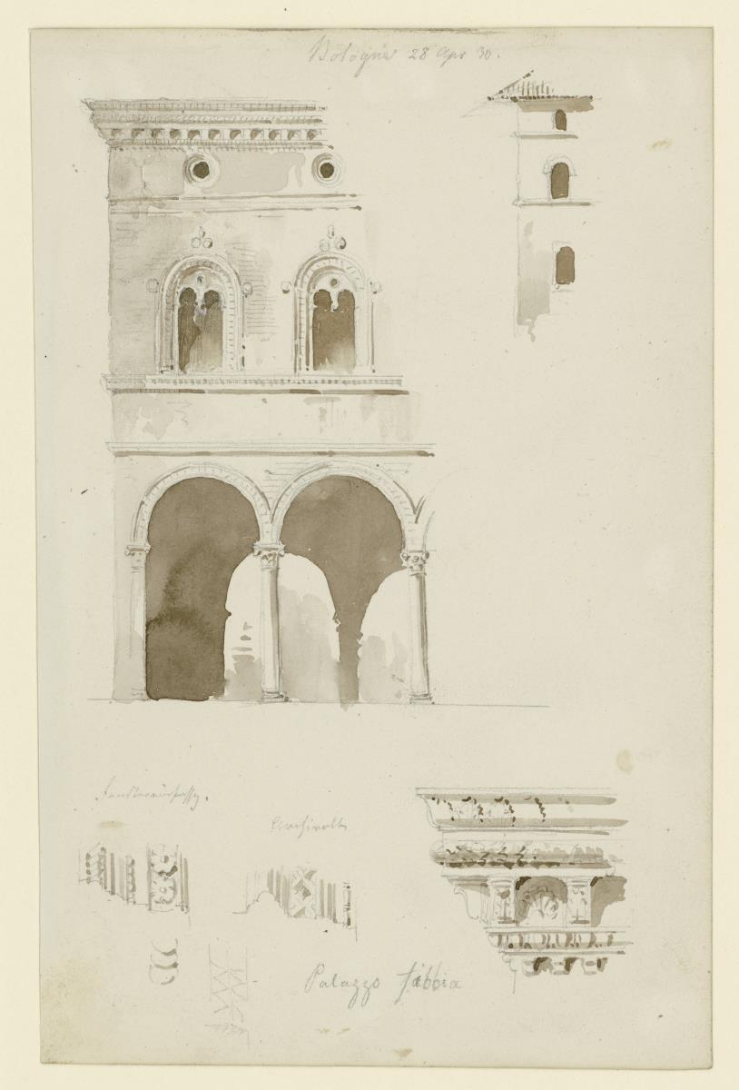 Bologna, Palazzo Fibbia (Tibbia) Teilansichten der Fassade, Gebälk