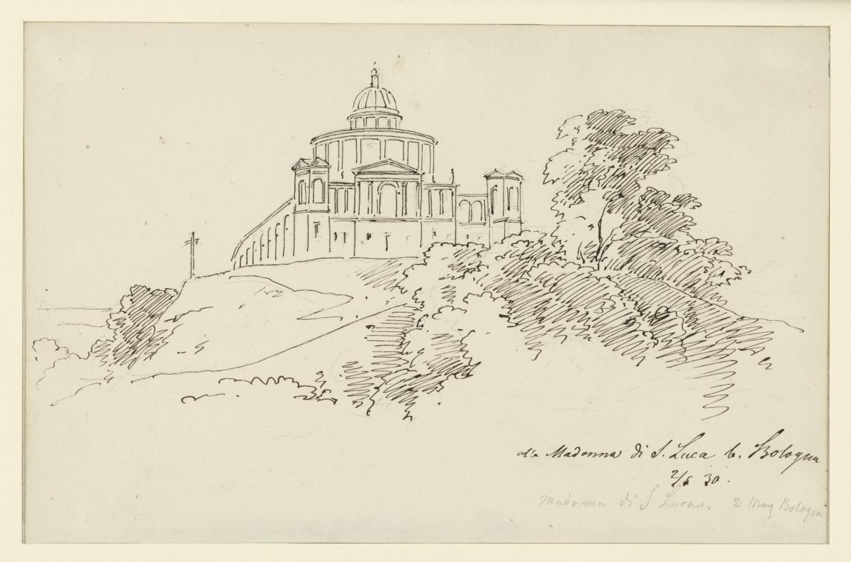 Perspektivische Ansicht des des Santuario della Madonna di S. Luca bei Bologna