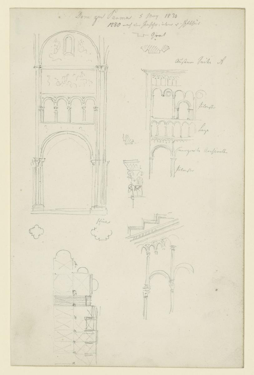 Parma, Dom  Wandaufriss Innenraum, zwei Details, Grundriß, Kapitell