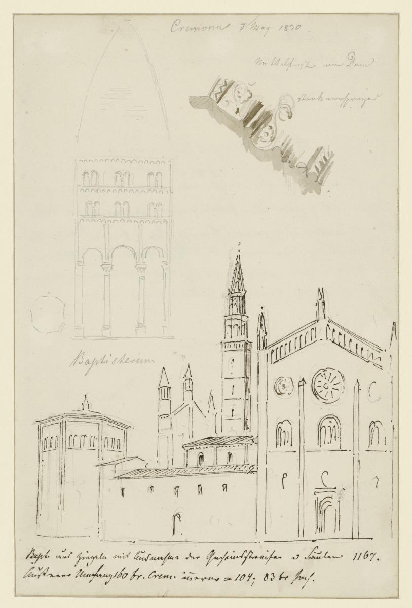 Cremona, perspektivische Ansicht des Domes, Profil Mittelfenster des Domes, Aufriß des Baptisteriums