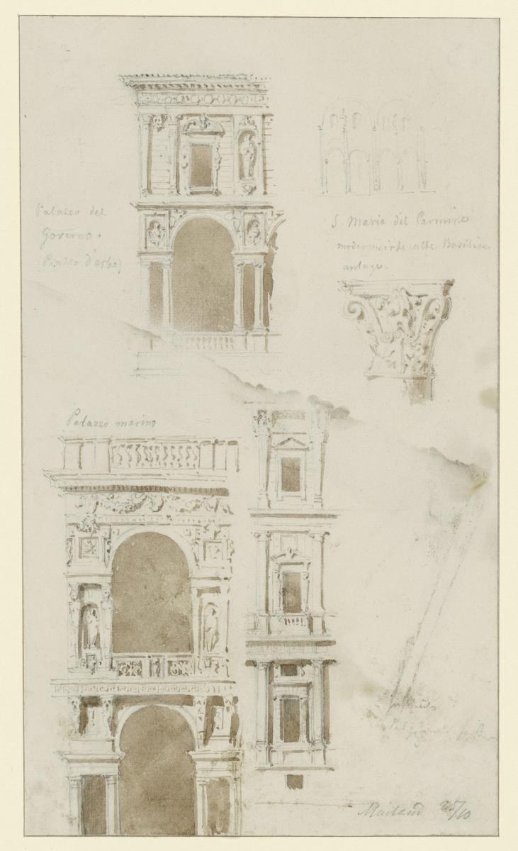 Mailand,Verona; Teilansichten des Palazzo del Governo, Palazzo Marino, Wandaufrißmvon S. Maria del Carmine, Kapitell