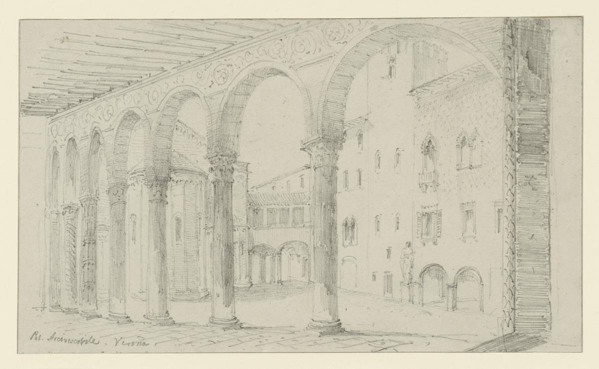 Verona, Blick in die Hofloggia des Palazzo Vescovado mit dem torrione del Vescovo Ogniebene und Apside des Baptisteriums