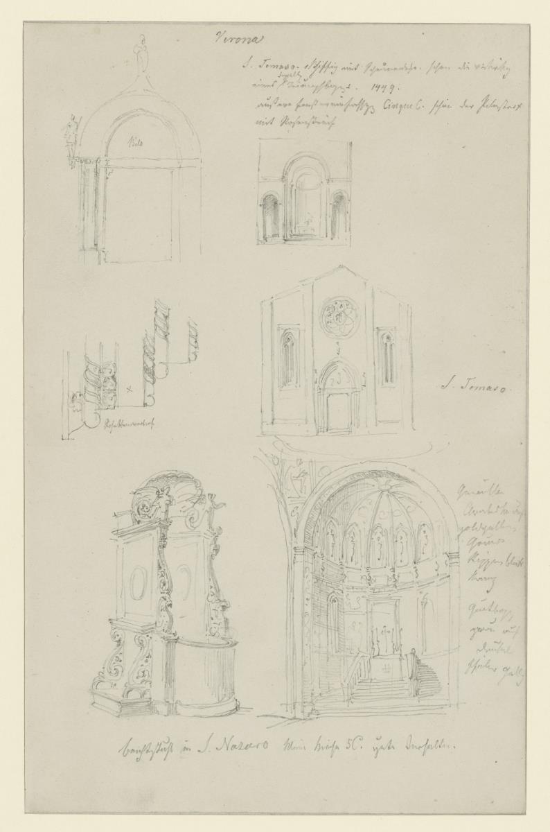 Verona, S. Tomaso; Ansicht der Fassade, Querschnitt, Portal und Portalgewände; S. Nazaro, Beichtstuhl